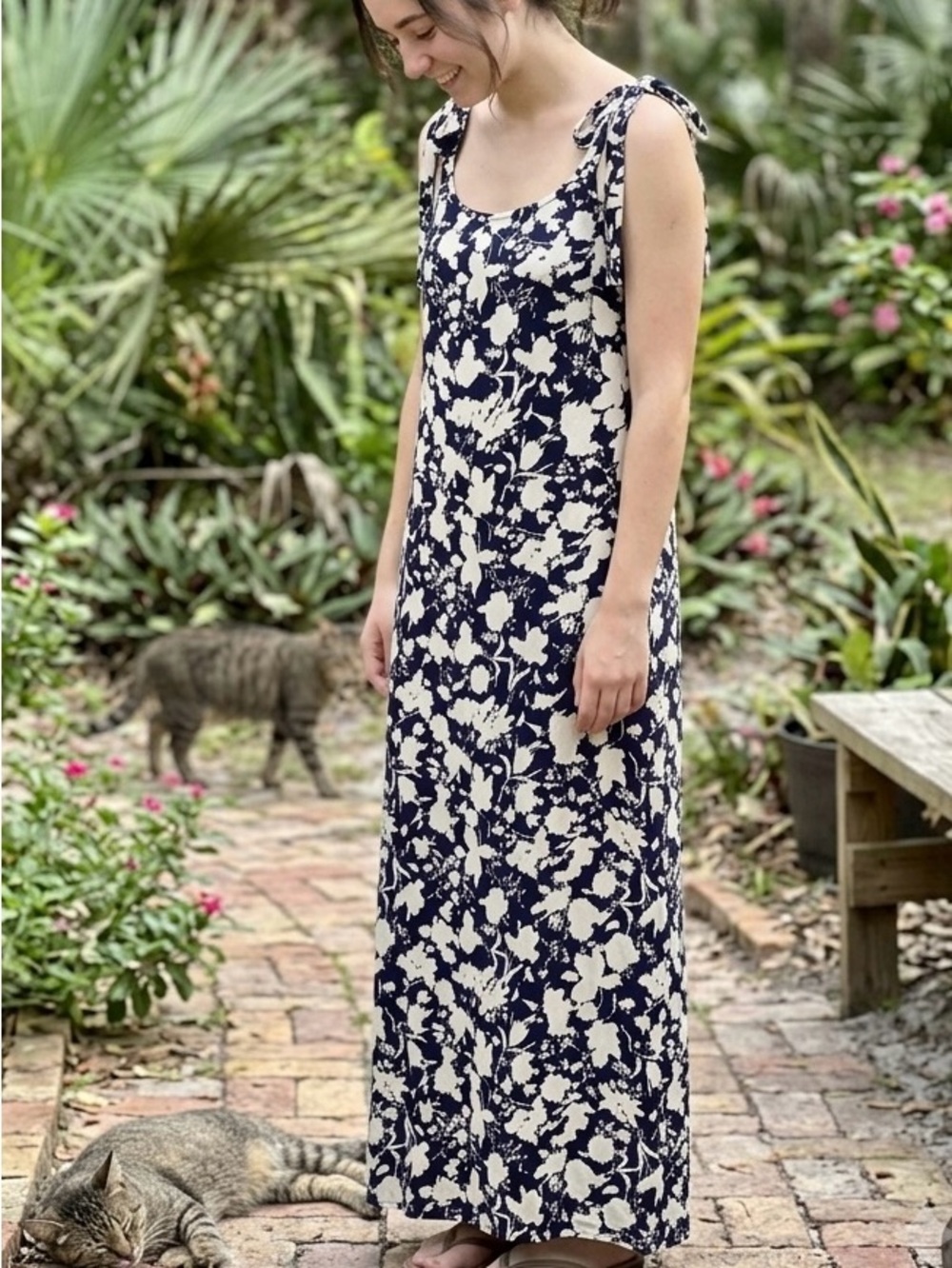Free Assembly Navy & Cream Floral Tie-Shoulder Maxi Dress